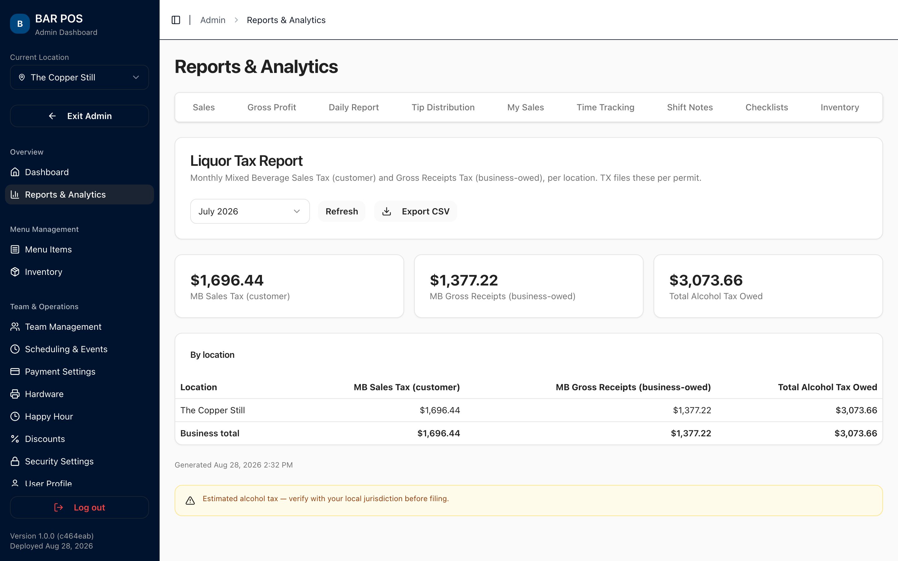 BAR POS liquor tax report — Texas mixed-beverage sales tax and 6.7% gross receipts, broken out by location